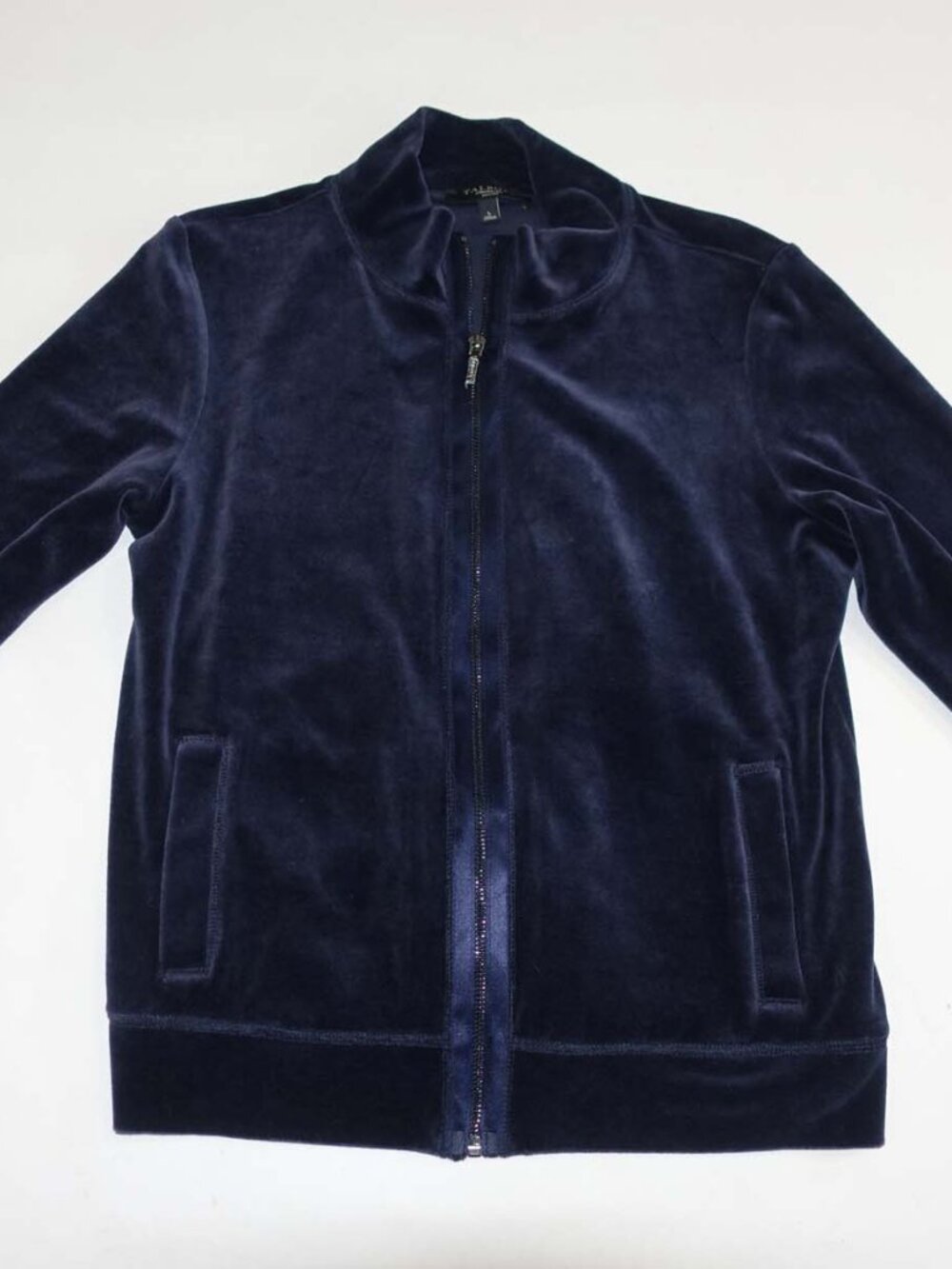 Talbots Women's Velvet Track Jacket Size Petite Large Navy Blue Zipper Front PL